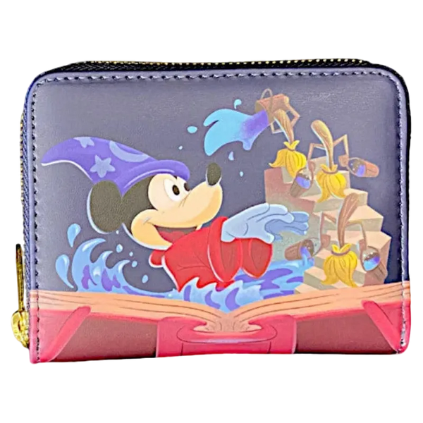 A zip-around coin purse featuring a colorful illustration of Mickey Mouse as a wizard with a staff and flowers, set against a dark purple background with a pink lower section.