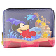A zip-around coin purse featuring a colorful illustration of Mickey Mouse as a wizard with a staff and flowers, set against a dark purple background with a pink lower section.