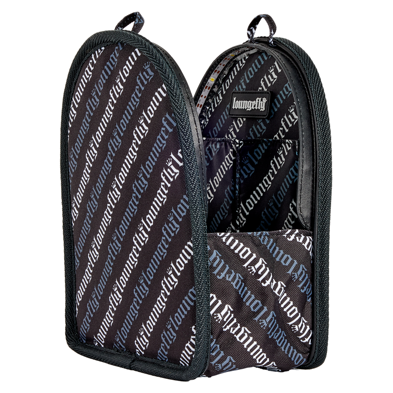 Black and gray patterned bag with 'Loungefly' branding on a white background