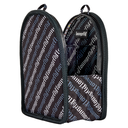 Black and gray patterned bag with 'Loungefly' branding on a white background