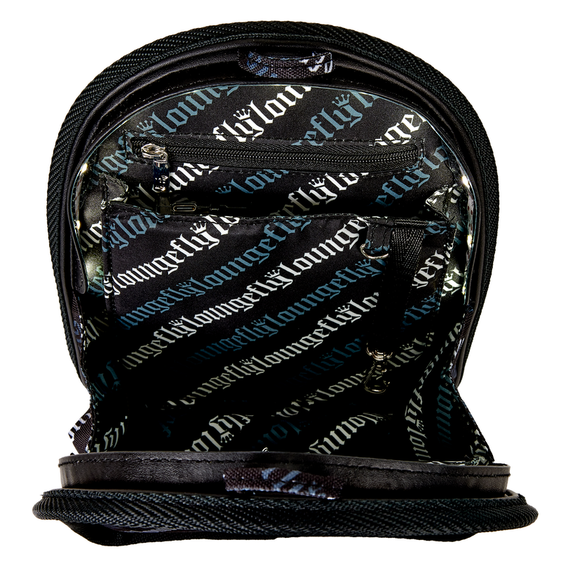 Black bag with ' loungfly' branding on a white background