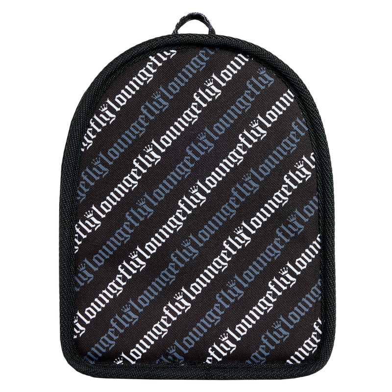 Black backpack with 'loungefly' logo pattern on a white background