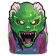 A novelty backpack featuring a graphic print of a screaming green monster face with yellow eyes, sharp teeth, and a purple shirt, set against a plain white background.