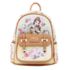 Disney Belle's Dream Backpack in a cream and beige colorway with tan faux-leather trim, featuring a floral print and character artwork of Belle from Beauty and the Beast.