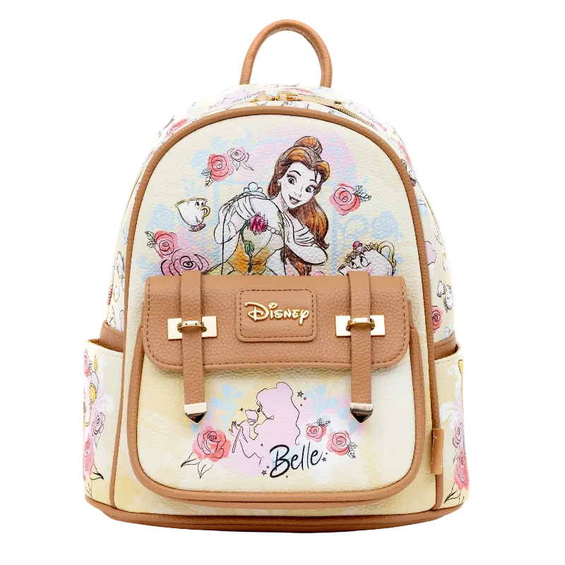 Disney Belle's Dream Backpack in a cream and beige colorway with tan faux-leather trim, featuring a floral print and character artwork of Belle from Beauty and the Beast.