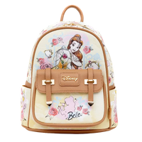 Disney Belle's Dream Backpack in a cream and beige colorway with tan faux-leather trim, featuring a floral print and character artwork of Belle from Beauty and the Beast.