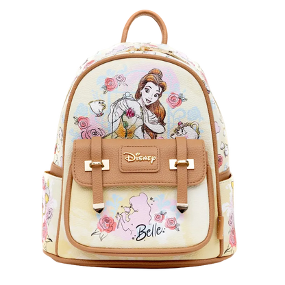 Disney Belle's Dream Backpack in a cream and beige colorway with tan faux-leather trim, featuring a floral print and character artwork of Belle from Beauty and the Beast.