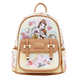 Disney Belle's Dream Backpack in a cream and beige colorway with tan faux-leather trim, featuring a floral print and character artwork of Belle from Beauty and the Beast.