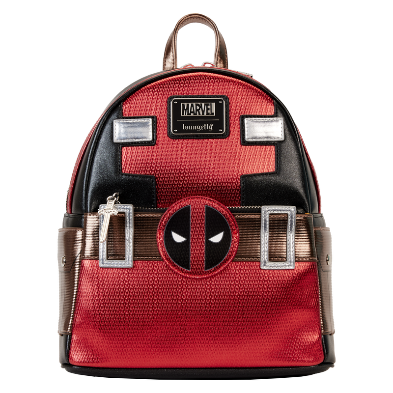 Deadpool-themed backpack with Marvel logo on a white background