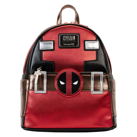 Deadpool-themed backpack with Marvel logo on a white background