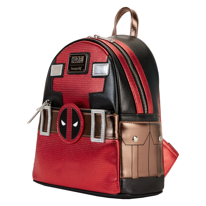 Deadpool-themed backpack with red, black, and brown design on a white background