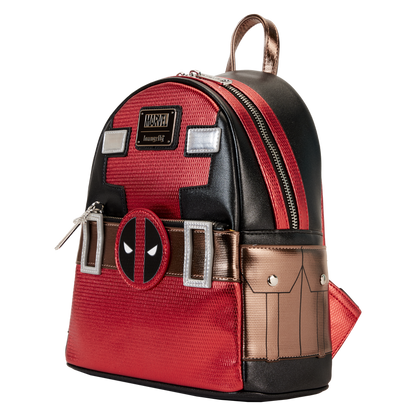 Deadpool-themed backpack with red, black, and brown design on a white background