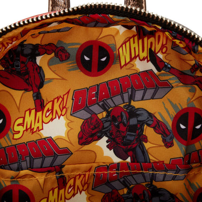 Deadpool-themed product with character and logo on a yellow background