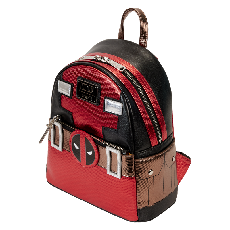 Deadpool-themed backpack with red, black, and brown colors on a white background