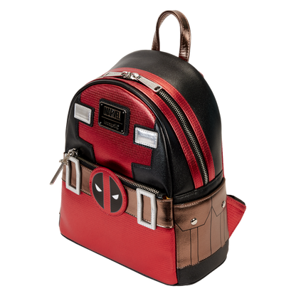 Deadpool-themed backpack with red, black, and brown colors on a white background