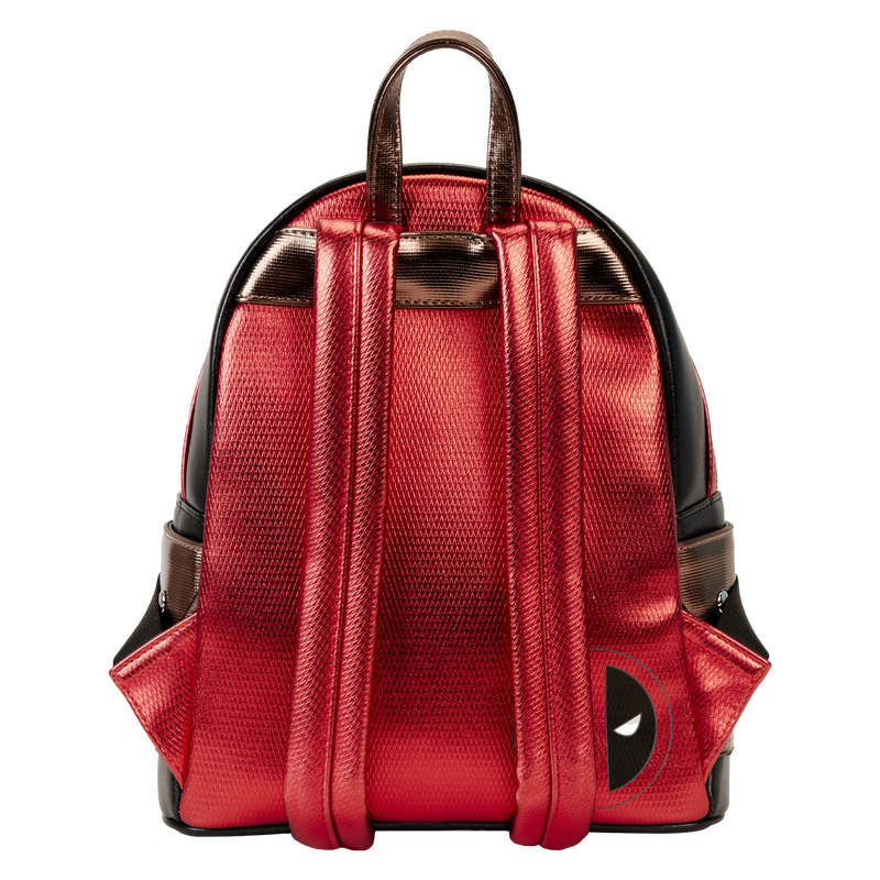 Red backpack with a black logo on a white background