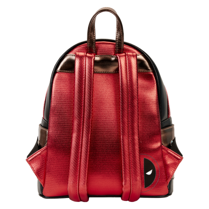 Red backpack with a black logo on a white background