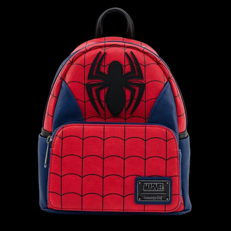 Spider-Man themed backpack with web pattern and logo on a white background