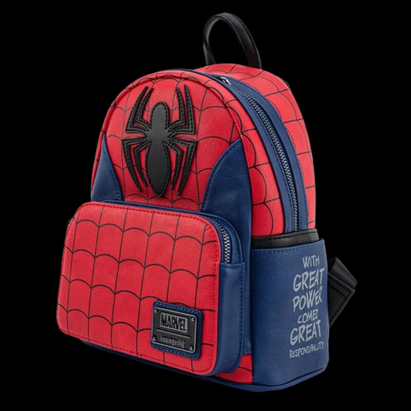 Spider-Man themed backpack with web pattern and logo on a white background