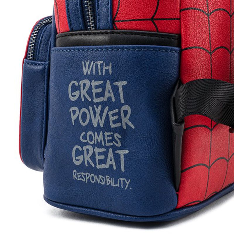 Spider-Man themed bag with 'With Great Power Comes Great Responsibility' text on a blue background