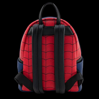 Red and blue backpack with spider web pattern on a white background