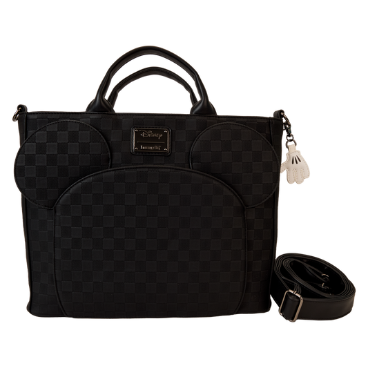 Black quilted handbag with a strap on a white background