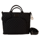 Black quilted handbag with a strap on a white background