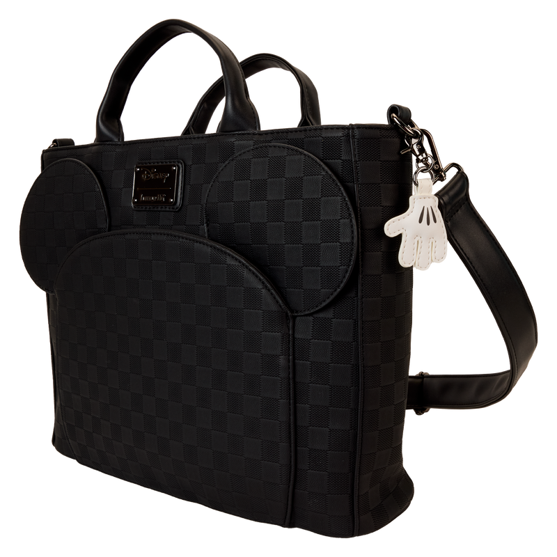 Black checkered backpack with character design on a white background