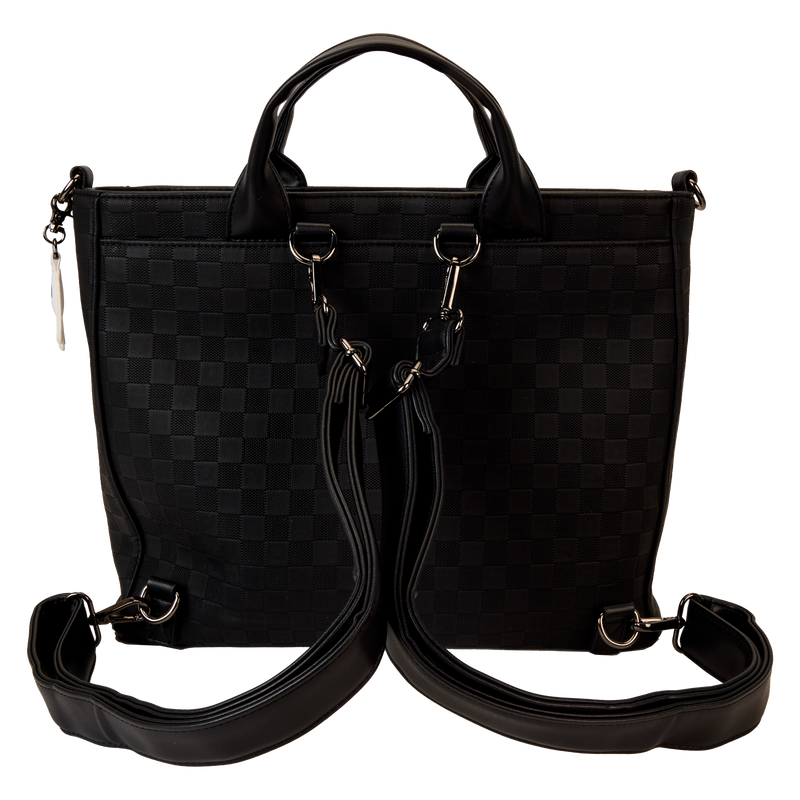 Black checkered handbag with a detachable strap on a white background