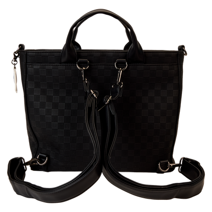 Black checkered handbag with a detachable strap on a white background