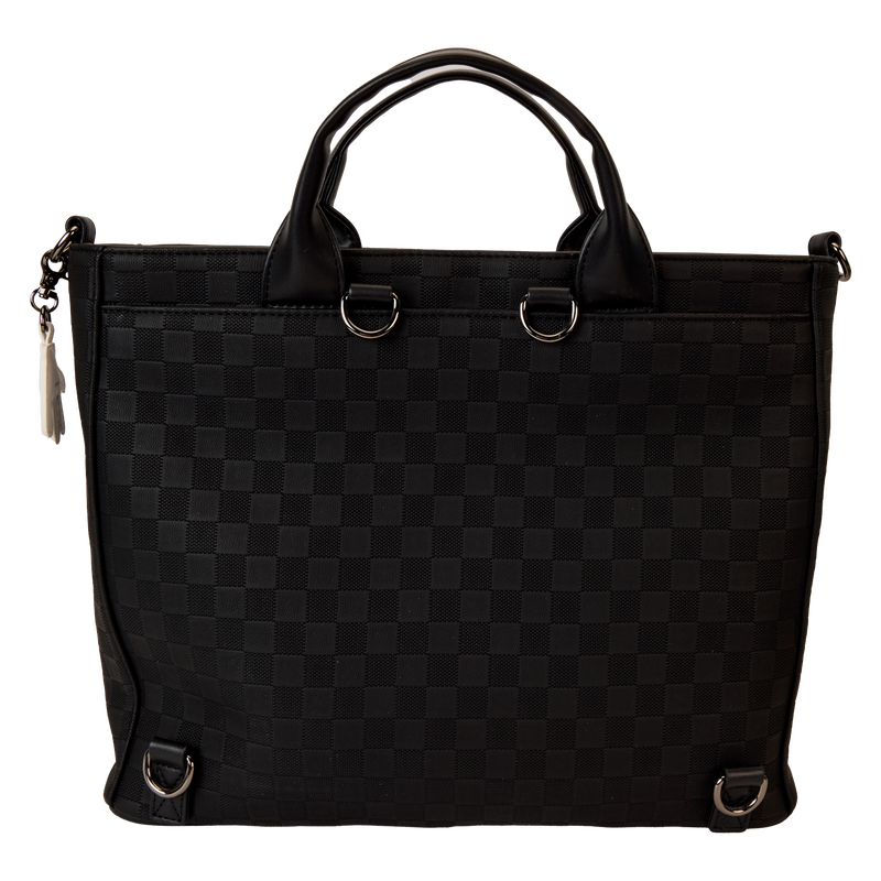Black checkered handbag with gold hardware on a white background