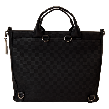 Black checkered handbag with gold hardware on a white background