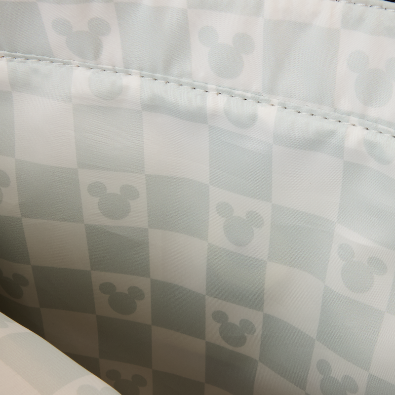 Checkered fabric with Mickey Mouse head pattern in gray on a white background