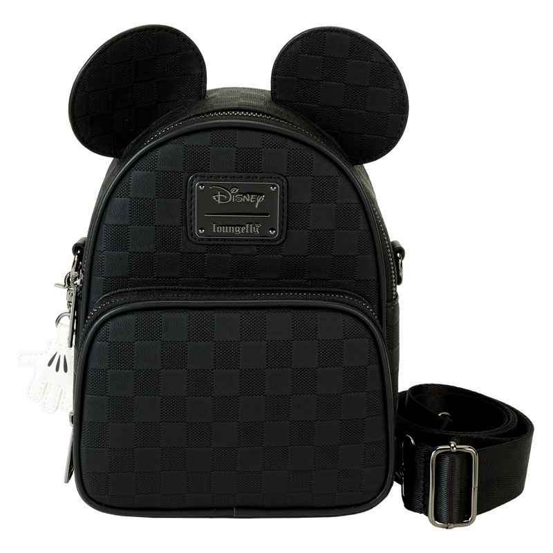 Black checkered backpack with Mickey Mouse ears on a white background