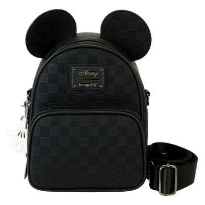Black checkered backpack with Mickey Mouse ears on a white background