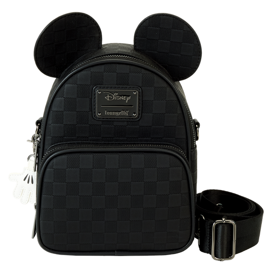 Black checkered backpack with Mickey Mouse ears on a white background