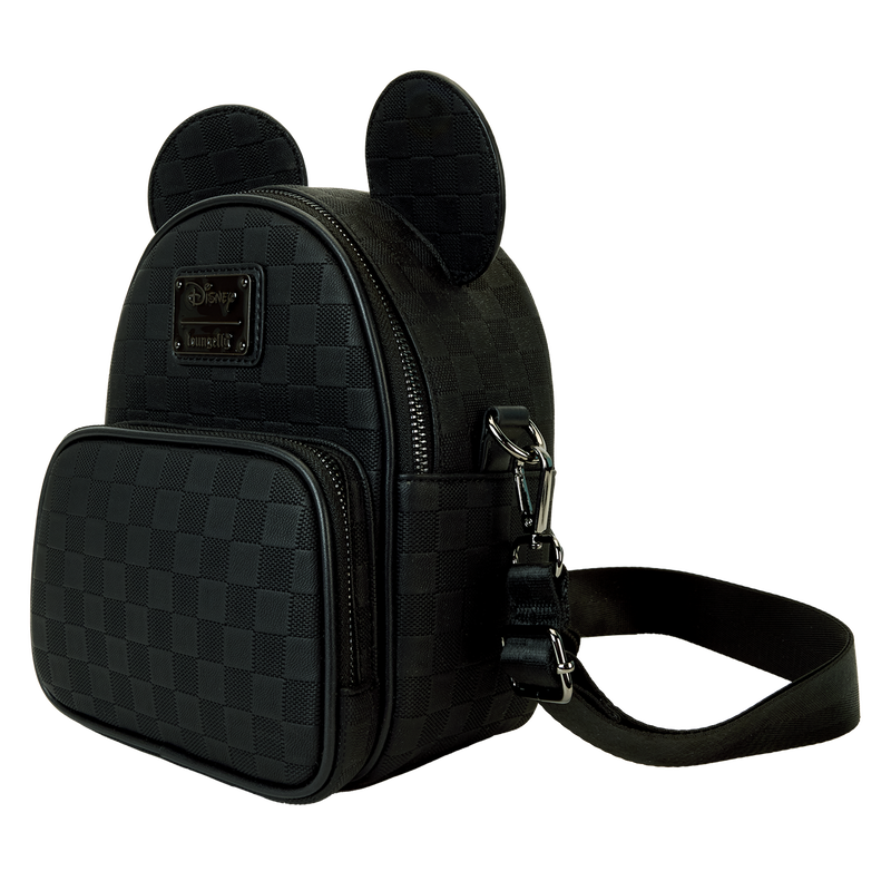 Black checkered backpack with Mickey Mouse ears on a white background