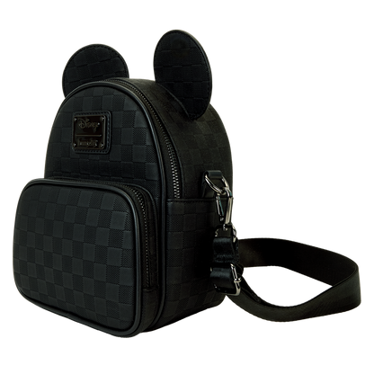 Black checkered backpack with Mickey Mouse ears on a white background