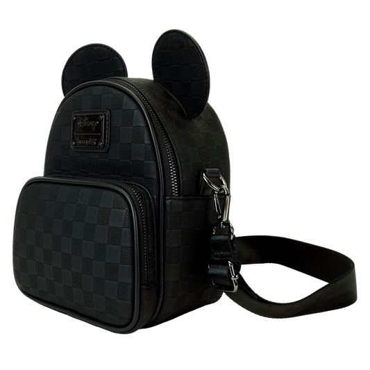 Black checkered backpack with Mickey Mouse ears on a white background
