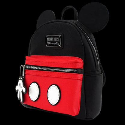 Black and red backpack with Mickey Mouse ears and gloves on a white background