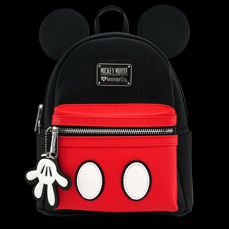 Black and red backpack with Mickey Mouse ears and character details on a white background