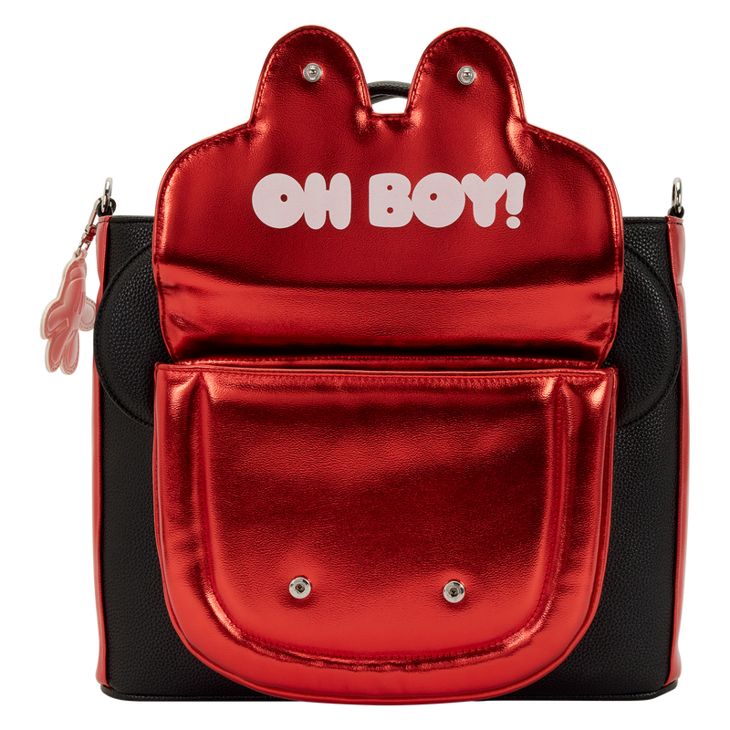 Red metallic backpack with 'OH BOY!' text on a white background