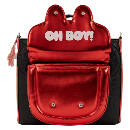 Red metallic backpack with 'OH BOY!' text on a white background
