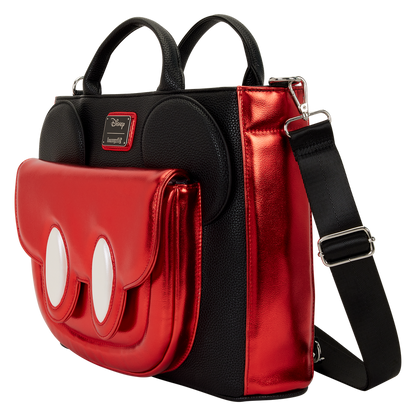 Black and red bag with a character design on a white background