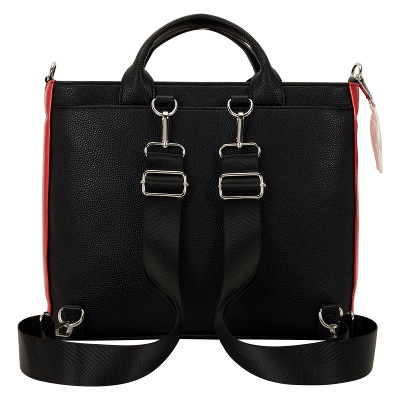 Black leather handbag with silver buckles on a white background
