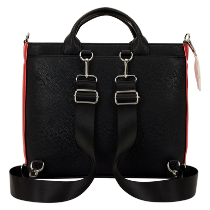 Black leather handbag with silver buckles on a white background