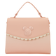 Pink handbag with a character face design on a white background