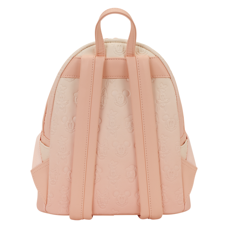 Pink backpack with floral pattern on a white background