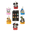 All six Mickey and Friends mini backpack keychain charms arranged around the mystery box packaging card