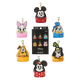 All six Mickey and Friends mini backpack keychain charms arranged around the mystery box packaging card